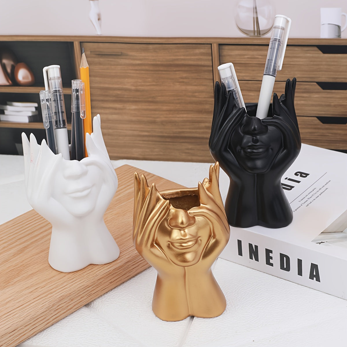 1pc Unique Resin Face-Holding Hand Gesture Pen Holder - Artistic Desk Organizer for Office and Home Decor - Functional Decoration for Workspace and Living Room