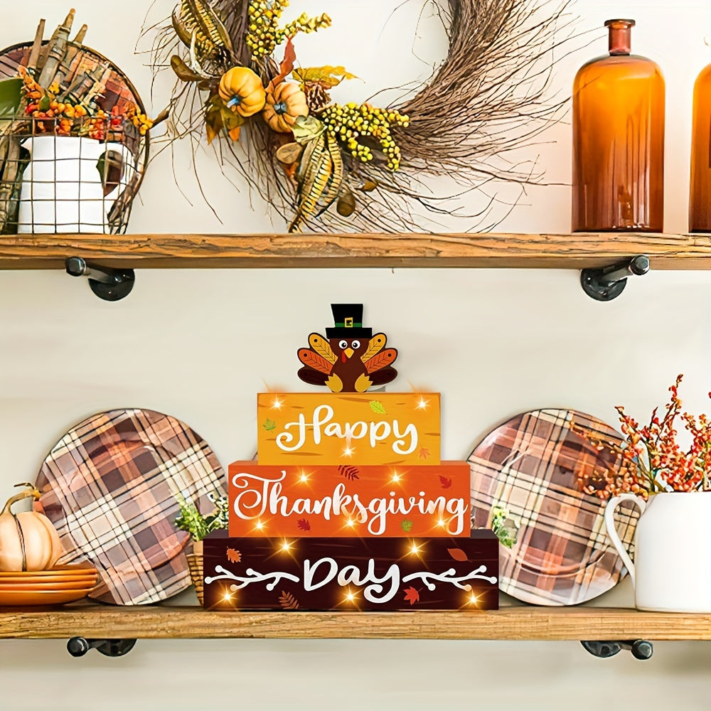 Happy Thanksgiving LED Light-Up Wooden Sign - Turkey Design for Tabletop & Mantle Decor, Battery Operated (AAA), Perfect for Farmhouse & Autumn Celebrations