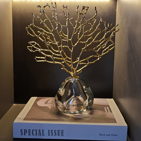 Golden Coral Tree Figurine - Glass and Alloy Steel Decorative Sculpture, Flower-Themed, Versatile Room Decor, Ideal for Indoor Display, Perfect for Christmas, Halloween, Graduation, and Labor Day - No Electricity Needed, 1pc