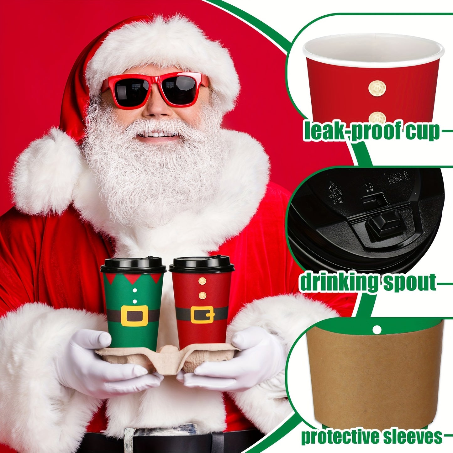 90 Pcs/30 Sets Christmas Paper Coffee Cups with Lids and Sleeves Disposable Hot Cocoa Party Paper Cups for Hot Chocolate Accessories (Cloths, 16 oz)