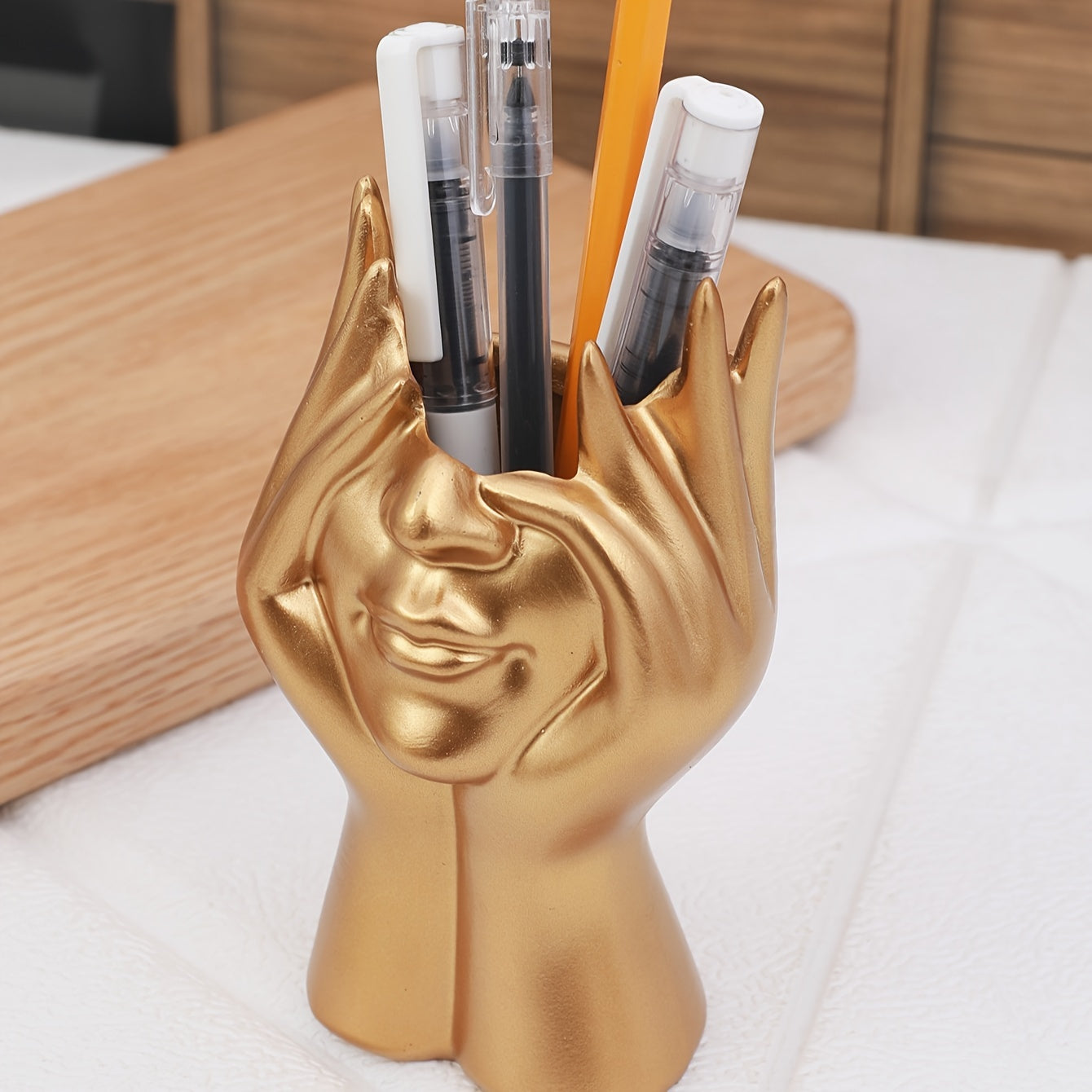 1pc Unique Resin Face-Holding Hand Gesture Pen Holder - Artistic Desk Organizer for Office and Home Decor - Functional Decoration for Workspace and Living Room