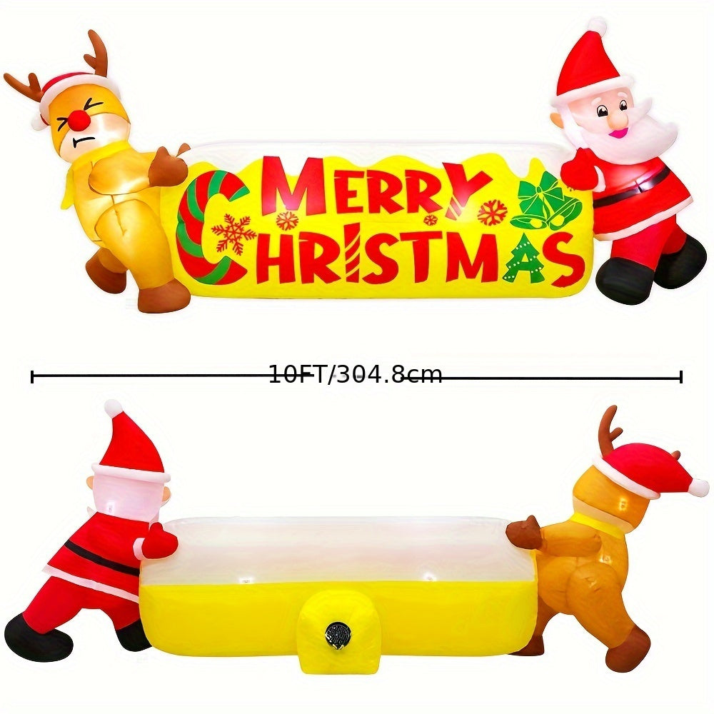 10FT Merry Christmas Inflatable Outdoor Decoration - Blow-Up Yard Santa and Reindeer Banner with LED Lights for Xmas Party Holiday Garden Lawn Winter Decor