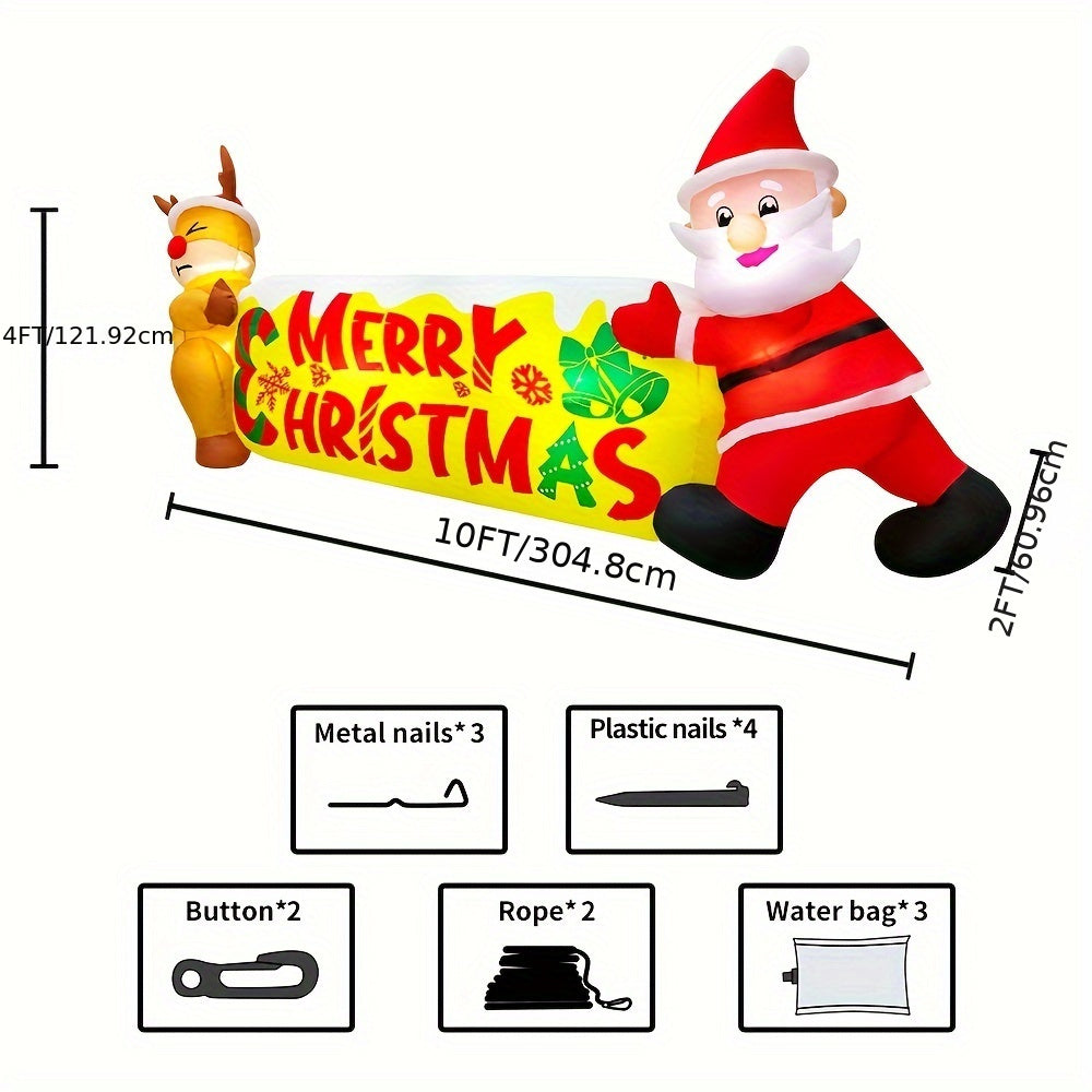 10FT Merry Christmas Inflatable Outdoor Decoration - Blow-Up Yard Santa and Reindeer Banner with LED Lights for Xmas Party Holiday Garden Lawn Winter Decor