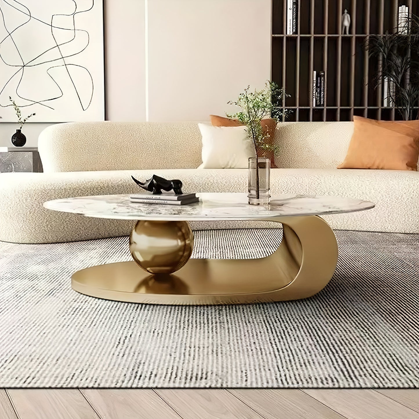 FUNXIBIO Marble Oval Coffee Table, Dining Table Dual-purpose Living Room 40cm High Coffee Table, Simple Small House Marble Golden Stainless Steel Metal Base, Coffee Table, Coffee Seat, Sent In Two Packs