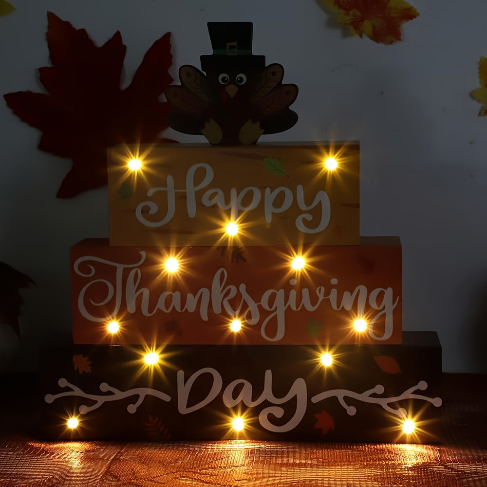 Happy Thanksgiving LED Light-Up Wooden Sign - Turkey Design for Tabletop & Mantle Decor, Battery Operated (AAA), Perfect for Farmhouse & Autumn Celebrations