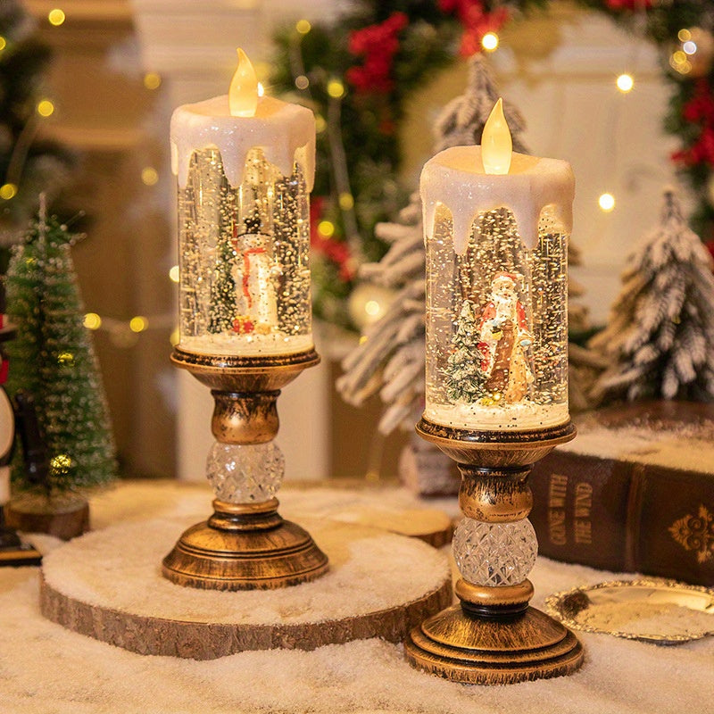 Santa Christmas Snowman Christmas Tree Christmas Decoration, Water-filled Candles With Scene Interior Decoration Christmas Crystal Lights Snow Santa Presents Flameless Candle Lights (with Music)