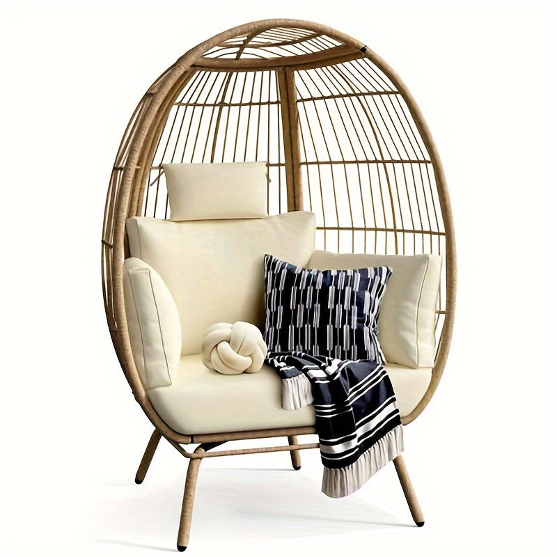 Phabules Wicker Egg Chair Outdoor Indoor Oversized Lounger with Stand and Beige Cushions Egg Basket Chair for Patio Backyard Porch