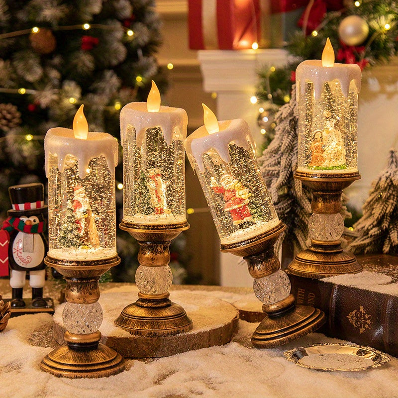 Santa Christmas Snowman Christmas Tree Christmas Decoration, Water-filled Candles With Scene Interior Decoration Christmas Crystal Lights Snow Santa Presents Flameless Candle Lights (with Music)