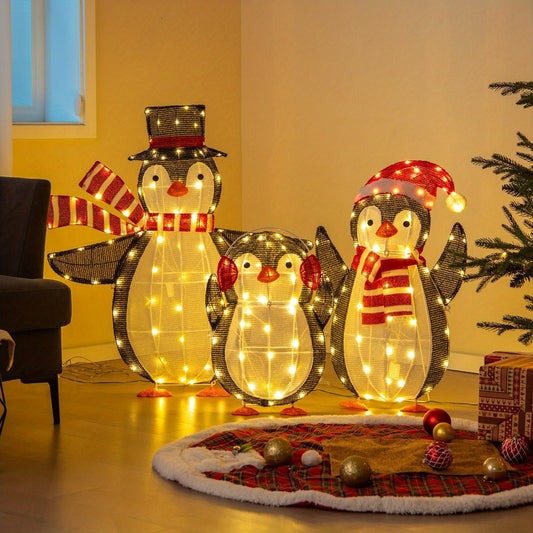 Set of 3 LED Lighted Christmas Penguin Decorations, COSTWAY Xmas Penguin Family Lights, Glowing Holiday Display