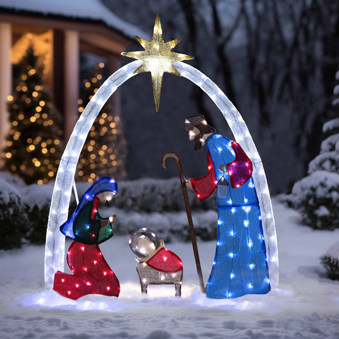 5FT Holy Family Jesus Nativity Scene Christmas Decorations Outside with 150 LED Lights for Holiday Lawn Garden, Outdoor Christmas Decorations Lighted Outdoor Nativity Set for Yard