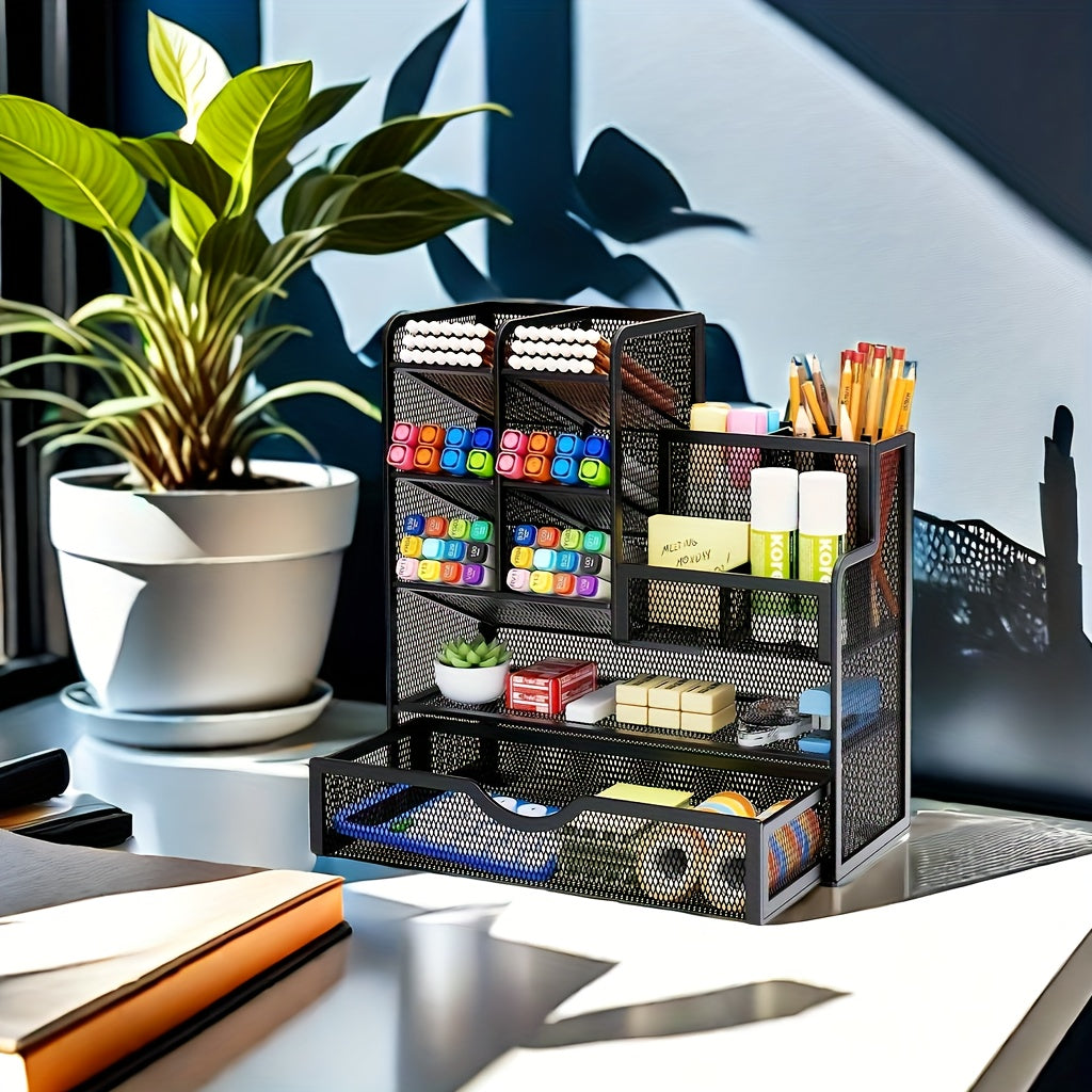 Multi-Purpose Mesh Desk Organizer with Drawer - Durable Iron Pencil Holder for Office and School Supplies Storage