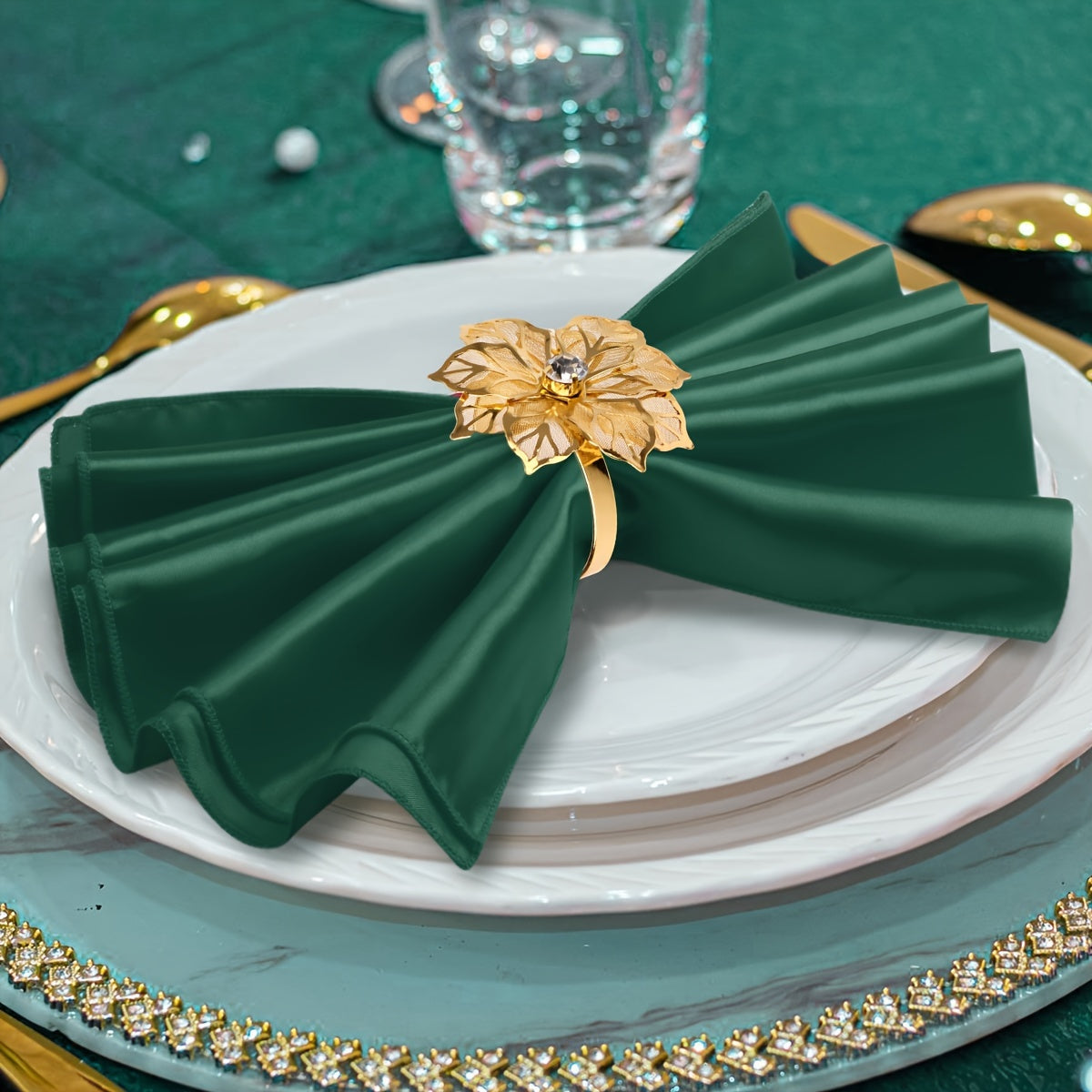 12 Pack Forest Green Satin Dinner Napkins with Golden Napkin Rings - Perfect for Christmas or Wedding Receptions