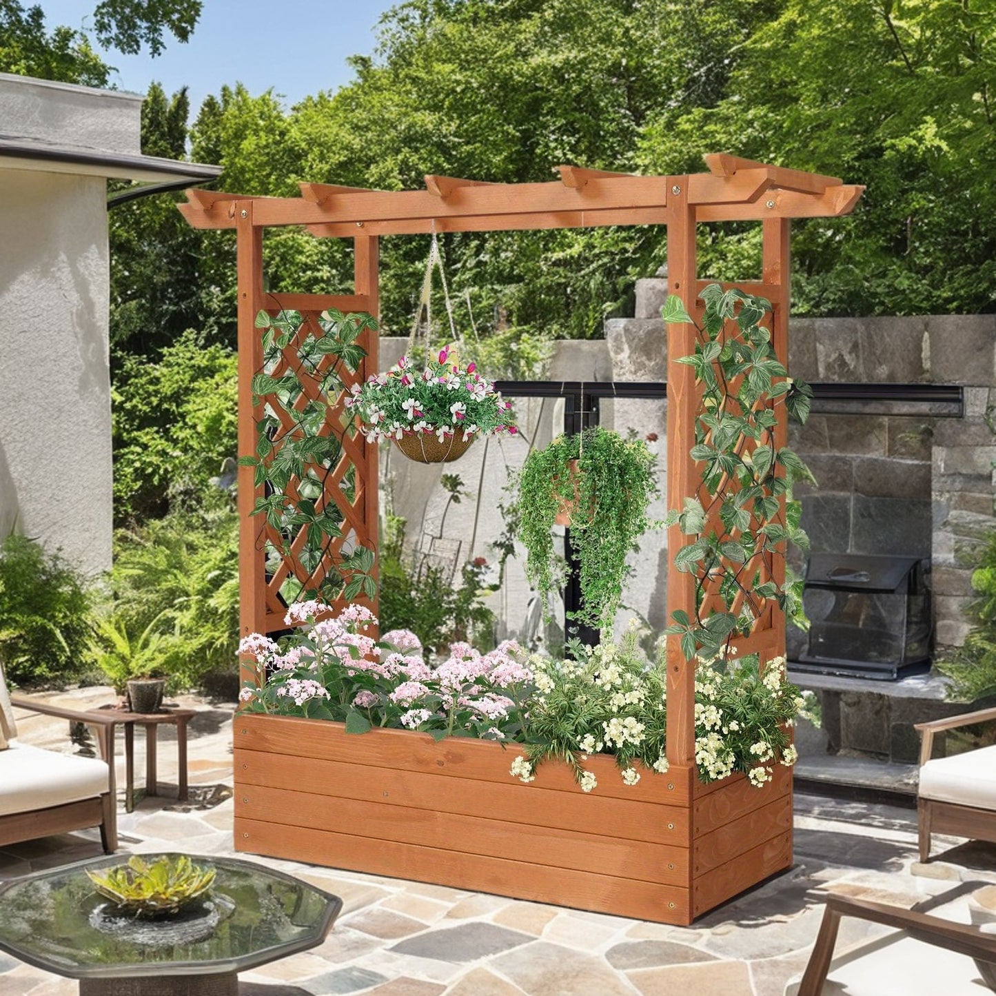 Outdoor Wooden Planter Box Hanging Planter & Climbing Plants for Patio Garden