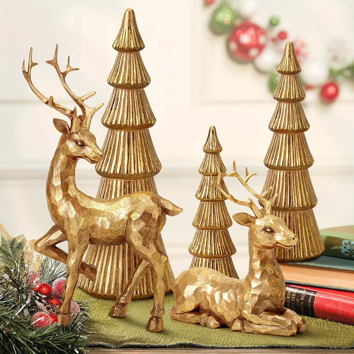 5Pcs/Set Geometric Resin Deer Figurines, Christmas Evergreen Tree Statue & Deer Resin Statue Set Ornaments For Tabletop Home & Office Decor, Ideal For Gift Christmas, Thanksgiving, New Year - Elegant Home Decor Resin Art