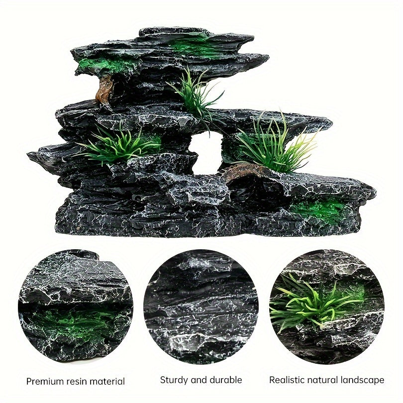 1pc Majestic Aquarium Mountain Rockery - Lush Moss Tree & Cave - Durable Stone Fish Tank Ornament - Create a Tranquil Underwater Landscape Decor