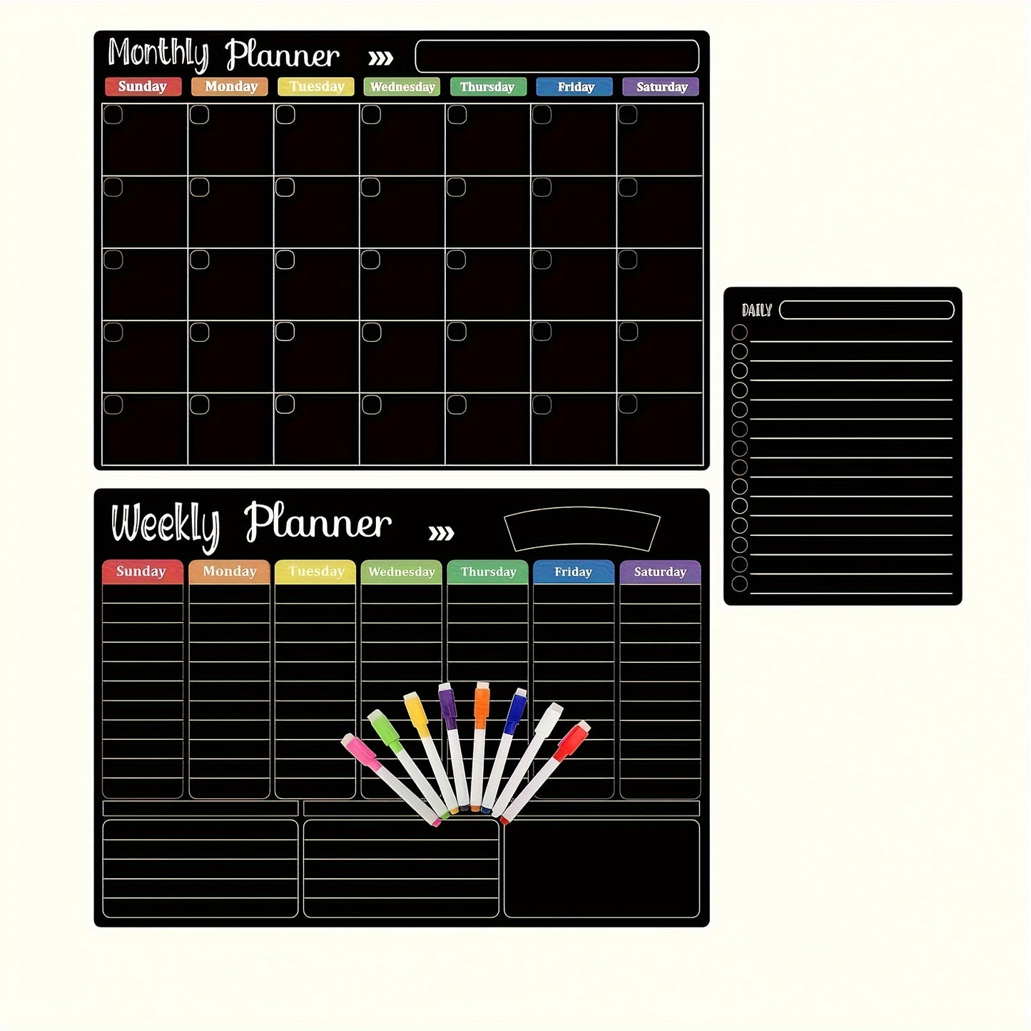 3 Magnetic Boards For Refrigerator - Black Dry Erase Boards Set, Monthly, Weekly Organizer & Daily Notepad, Wall & Fridge Family Boards Includes 8 Markers. Free Blackboard Eraser