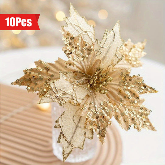 10pcs Sparkling Sequin Red Flowers - Perfect for Vase Arrangements, Tree & Garland Decorations, Room and Home Accents