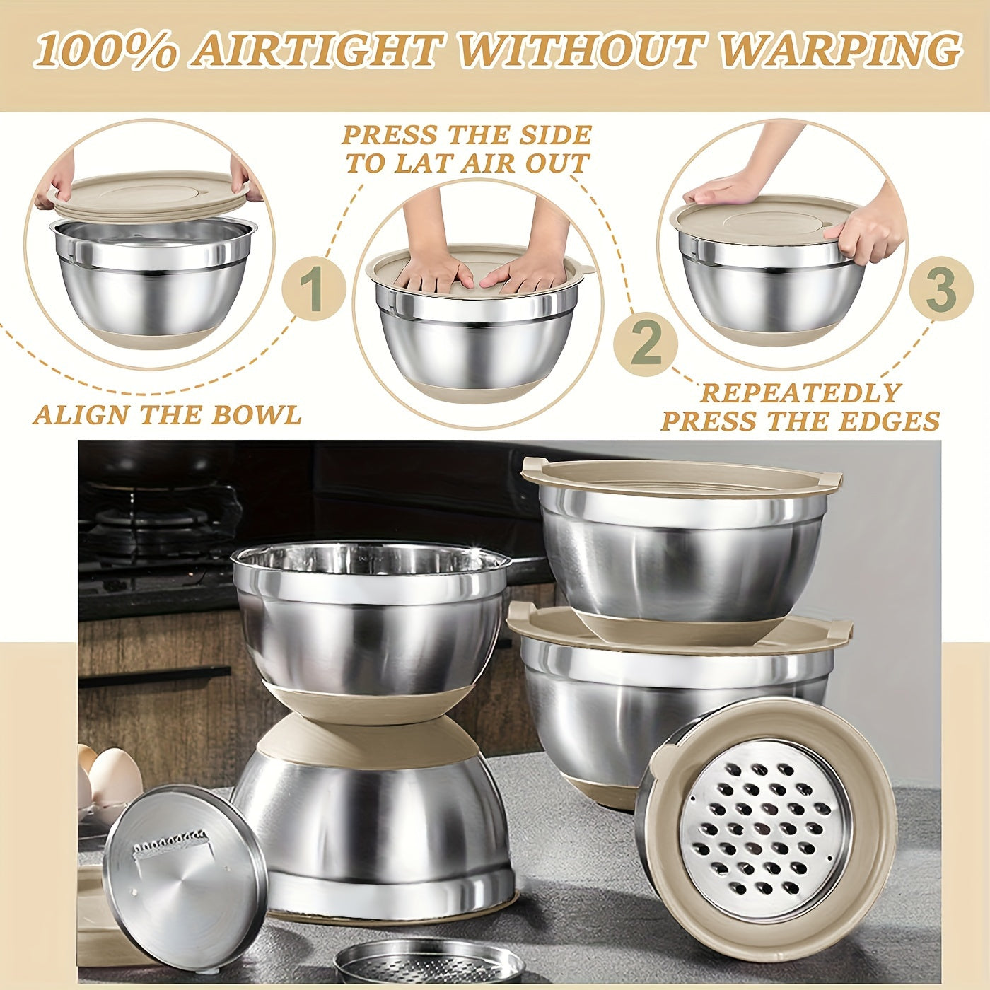 Mixing Bowls With Airtight Lids Set, SteelBowls With Grater Attachments, Non-Slip Bottoms & Kitchen Gadgets Set, Size 7, 4, 2.5, 2.0, 1.5, 1QT, Great For Mixing & Serving