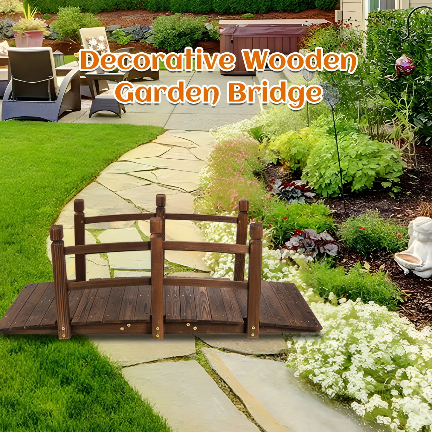 5ft Wooden Garden Bridge, Arch With Safety Railings On Either Side Outdoor Footbridge, Wooden Walkway Decorative Pond Landscaping, Backyard, Creek Or Farm