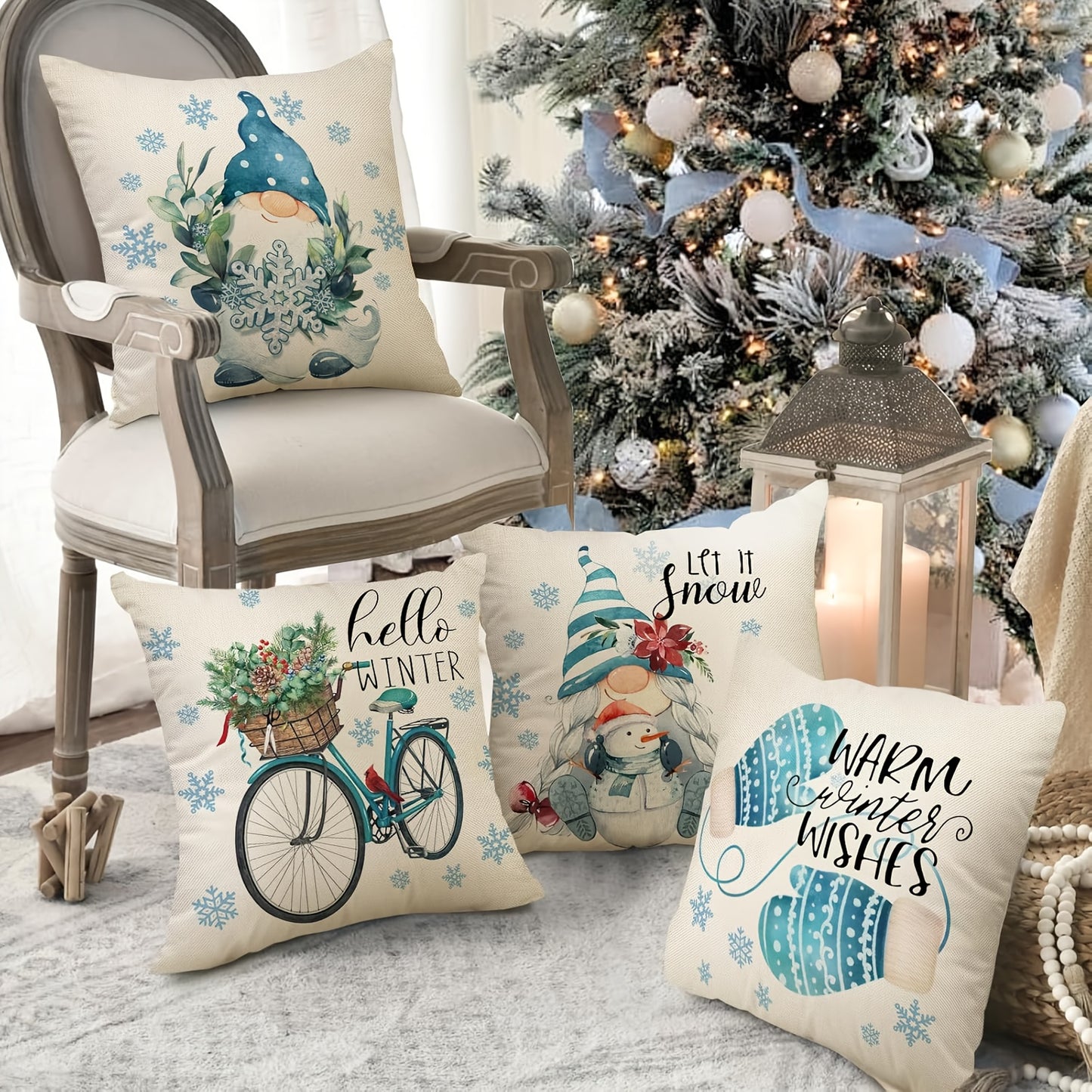 4pcs Hello Winter Warm Wishes Gnome Throw Pillow Cover Cardinal Let It Snow Blue Mitten Snowflakes Cushion Case, Bicycle Red Bird Snowman Farmhouse Home Decoration Pillowcase Decors 18inxhX18inch No Pillow Insert