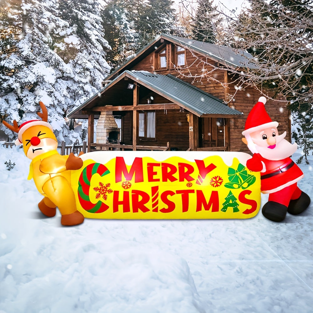 10FT Merry Christmas Inflatable Outdoor Decoration - Blow-Up Yard Santa and Reindeer Banner with LED Lights for Xmas Party Holiday Garden Lawn Winter Decor