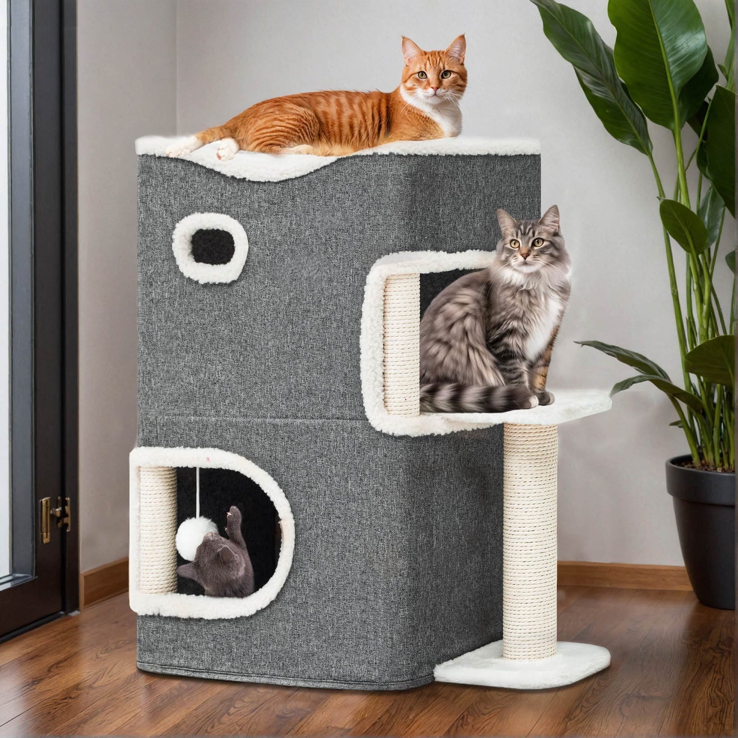 Double- Layer Cat House Indoor Cozy Condo with Climbing Stand & Scratching Posts