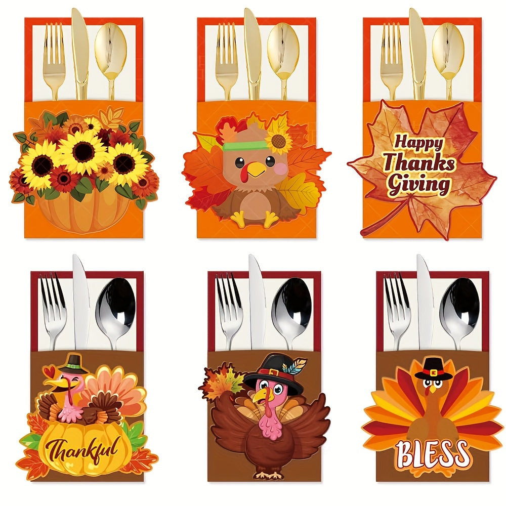 40pcs Thanksgiving Dinnerware Holder Set, Autumn Harvest Table Decor, Includes 10 Random Thanksgiving Paper Bags, 10 Knives, 10 Forks, 10 Spoons, for Party Gatherings, Family Dinners, Festive Holiday Theme, Plastic, No Power