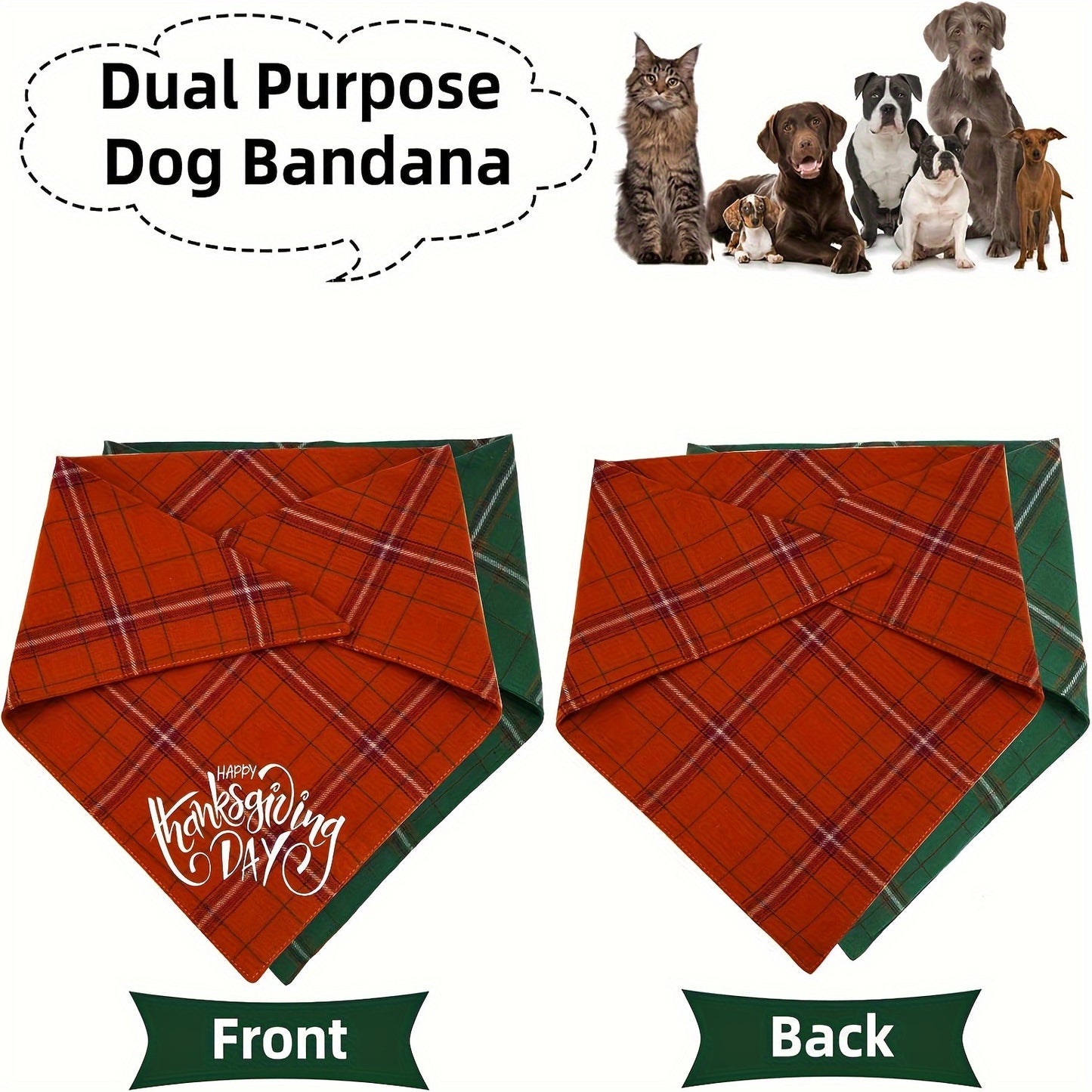 Festive Pet Bandanas: 2-Pack of Soft and Durable Dog Scarves - One in Orange Plaid with 'Happy Thanksgiving' and One in Green Plaid with a Cute Turkey Design. Perfect for Your Pet's Fall and Winter Outings. Suitable for Mediu