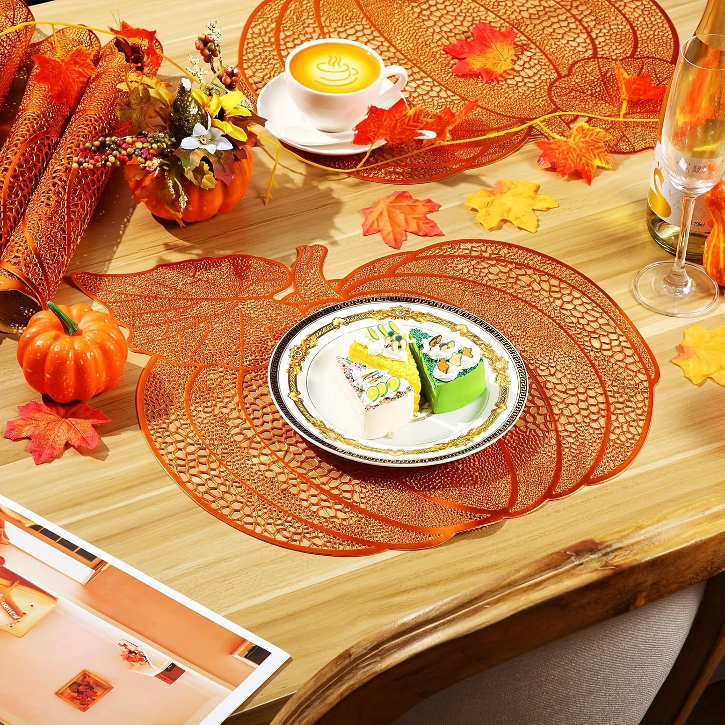 12 Pack/8 Pack Pressed Vinyl Metallic Fall Place Mats Autumn Harvest Pumpkins Place Mats, Round Place Mats Pumpkin Place Mats for Thanksgiving Halloween Table Decoration