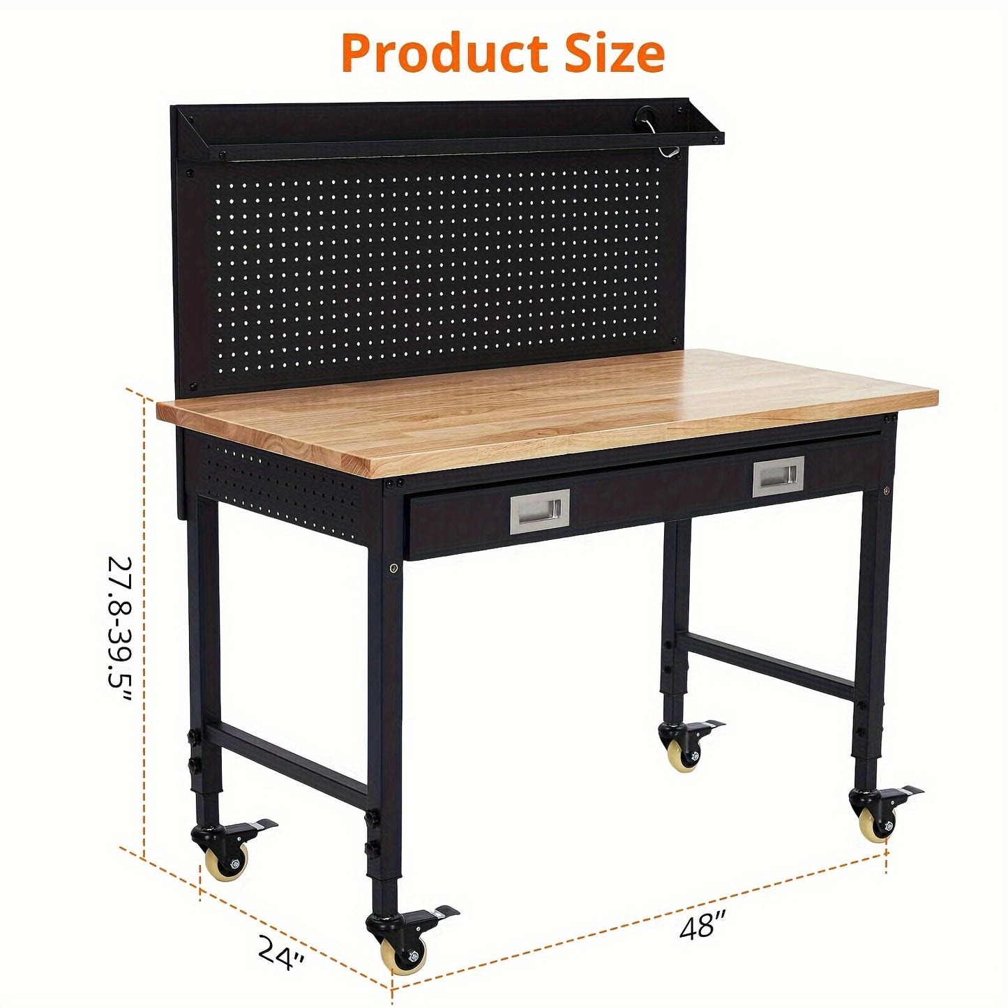 2000 LB Load Capacity 48" Heavy Duty Workbench, Adjustable Height Multipurpose Rubber Wood Shop Table With Drawer Storage, Backplate, Power Outlets, Hooks, Garage Storage