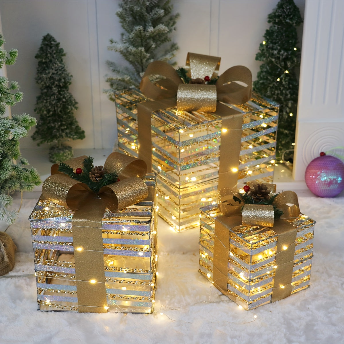 3-Piece Christmas Lights Gift Box, 70 LED Lights Shiny Gift Box Decorations For Indoor And Outdoor Christmas Trees, Yards, Home Decorations