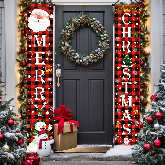 Merry Christmas Decorations Outdoor Yard Front Porch Sign Set, Red Black Buffalo Plaid Door Banner, Hanging Merry Christmas Decorations For Home, Indoor Outdoor Xmas Decor Wall Front Door Yard Garage