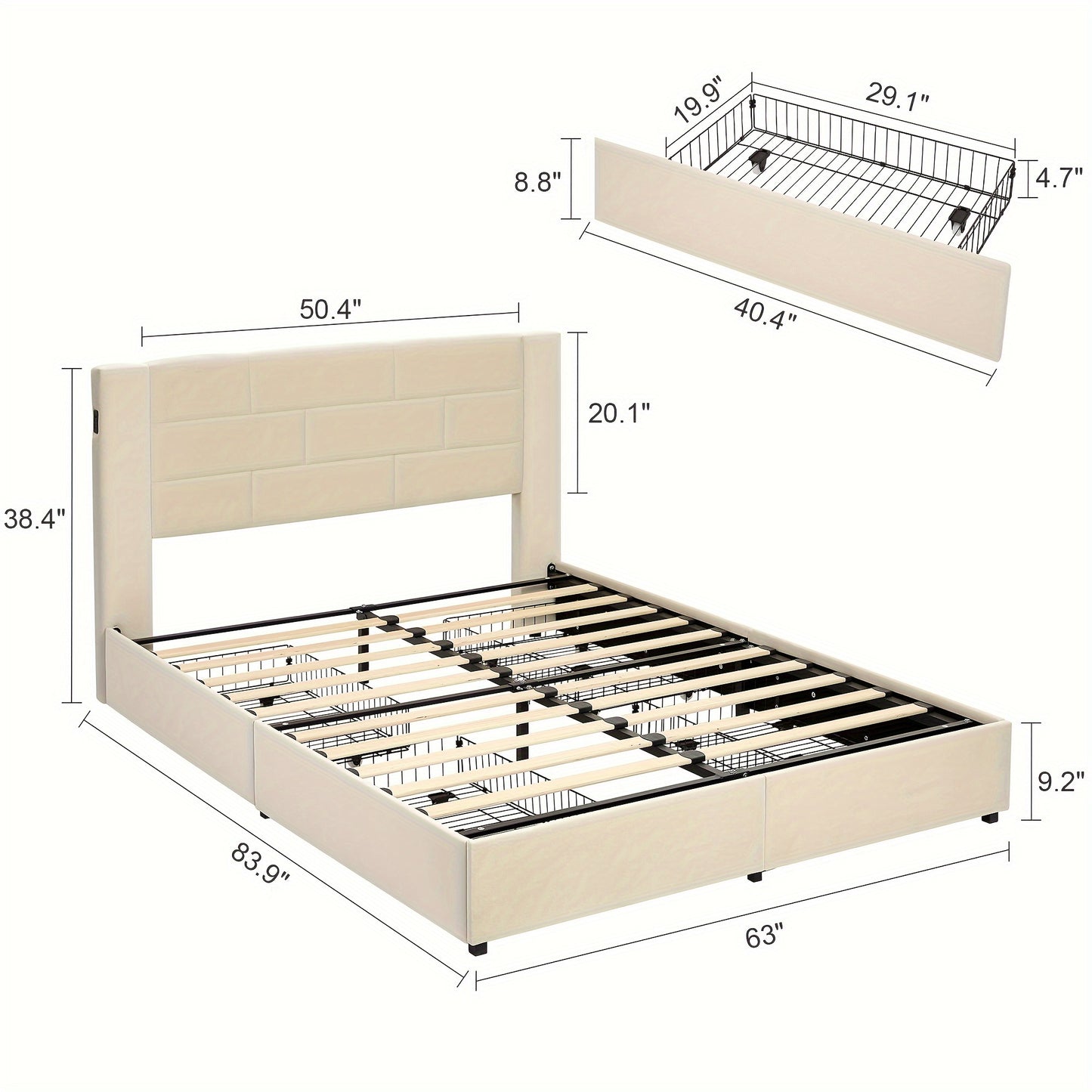 Luxury Upholstered Platform Bed with Headboard, 4 Drawers, Charging Station, Full/Queen/King Size