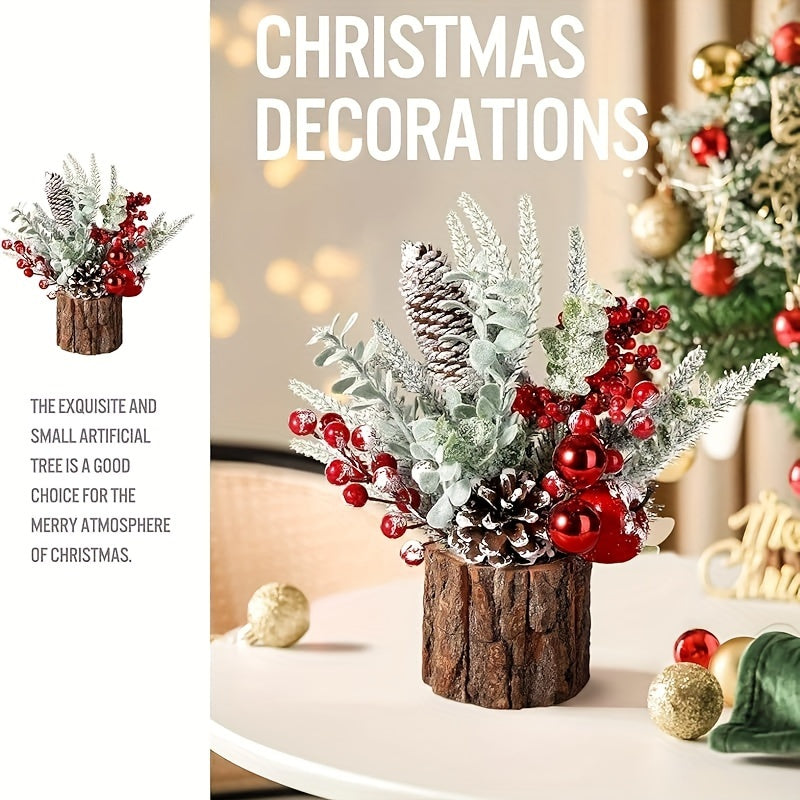 Elegant Tabletop Christmas Tree Decoration - Realistic PE Bark & Wood Barrel Design, Perfect for Holiday Home Display