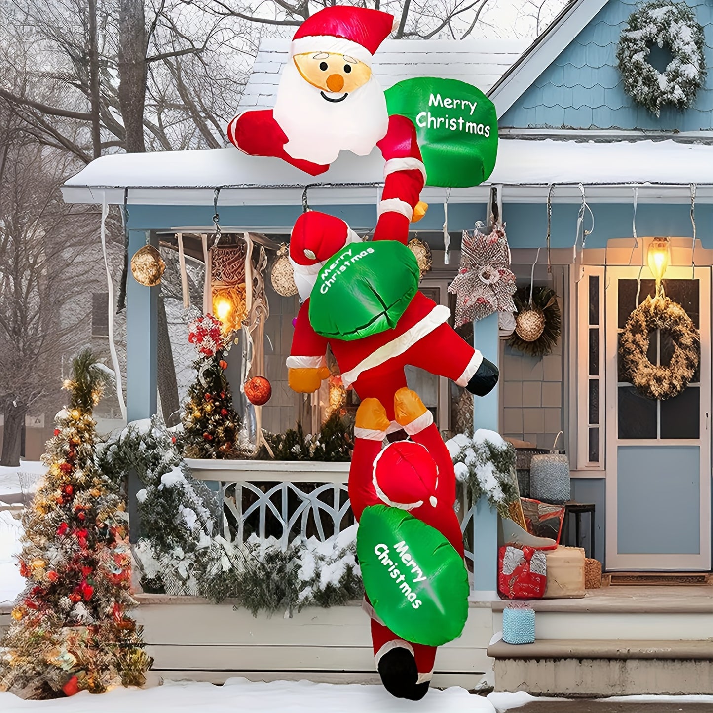 7.8 FT Hanging Christmas Inflatable Outdoor Decorations, Climbing Santa Claus Pulling Elves, Santa Blow Up Christmas Decorations Outdoor With 4 Build-in LEDs For Windows Eaves Roofs Decor