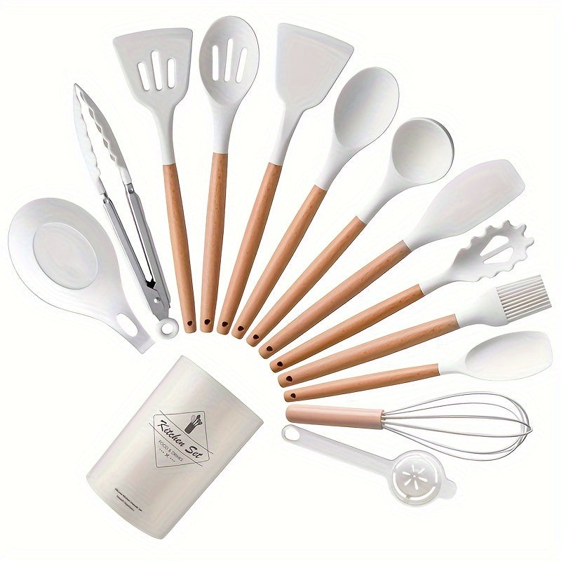 12/14pcs/set Premium Wooden Handle Silicone Kitchenware Set - Heat-Resistant, Non-Stick, Easy-to-Clean Cooking Tools for Baking, Cooking, and Serving - Durable, Versatile, and Space-Saving Kitchen Essentials