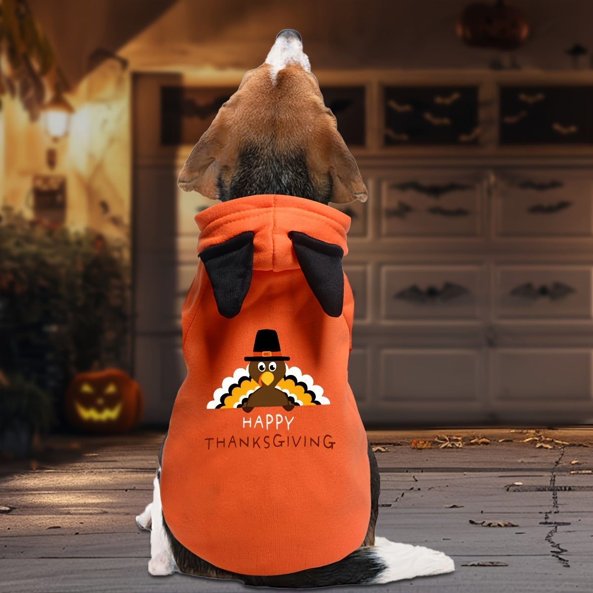 Thanksgiving Cartoon Print Pet Hoodie, Orange Pullover Sweatshirt for Dogs, Festive Holiday Pet Clothing, Machine Washable, Polyester, Sizes S/M/L/XL/XXL, for Medium/Small/Extra Small Breeds