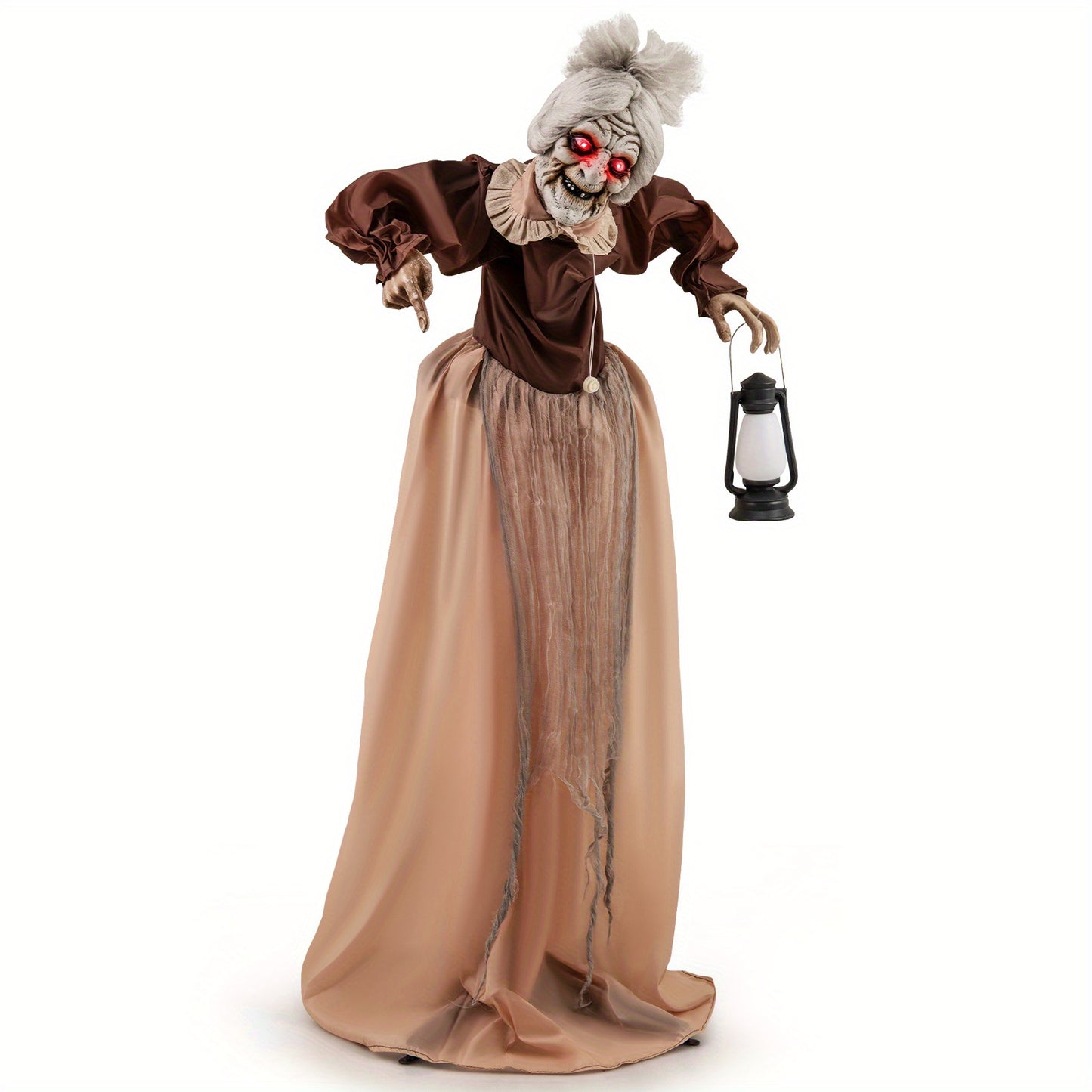 MAXMASS Life-Size Halloween Animatronic, Moving and Talking Old Lady Hag Prop with LED Lighted Red Eyes and Holding Lantern, Halloween Decoration Zombie Maid for Haunted Houses, Indoor and Outdoor Use