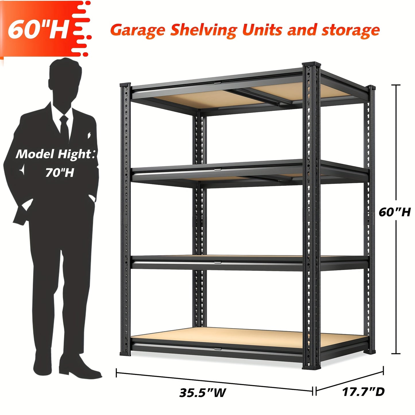 4-Tier 35.5''W Heavy Duty Adjustable Metal Shelving Unit - Tool Holders for Garage, Industrial, and Pantry Storage - 1800LBS Capacity, 60"Hx35.5"Wx17.7"D, Durable and Sturdy Construction for Organization and Space-Saving