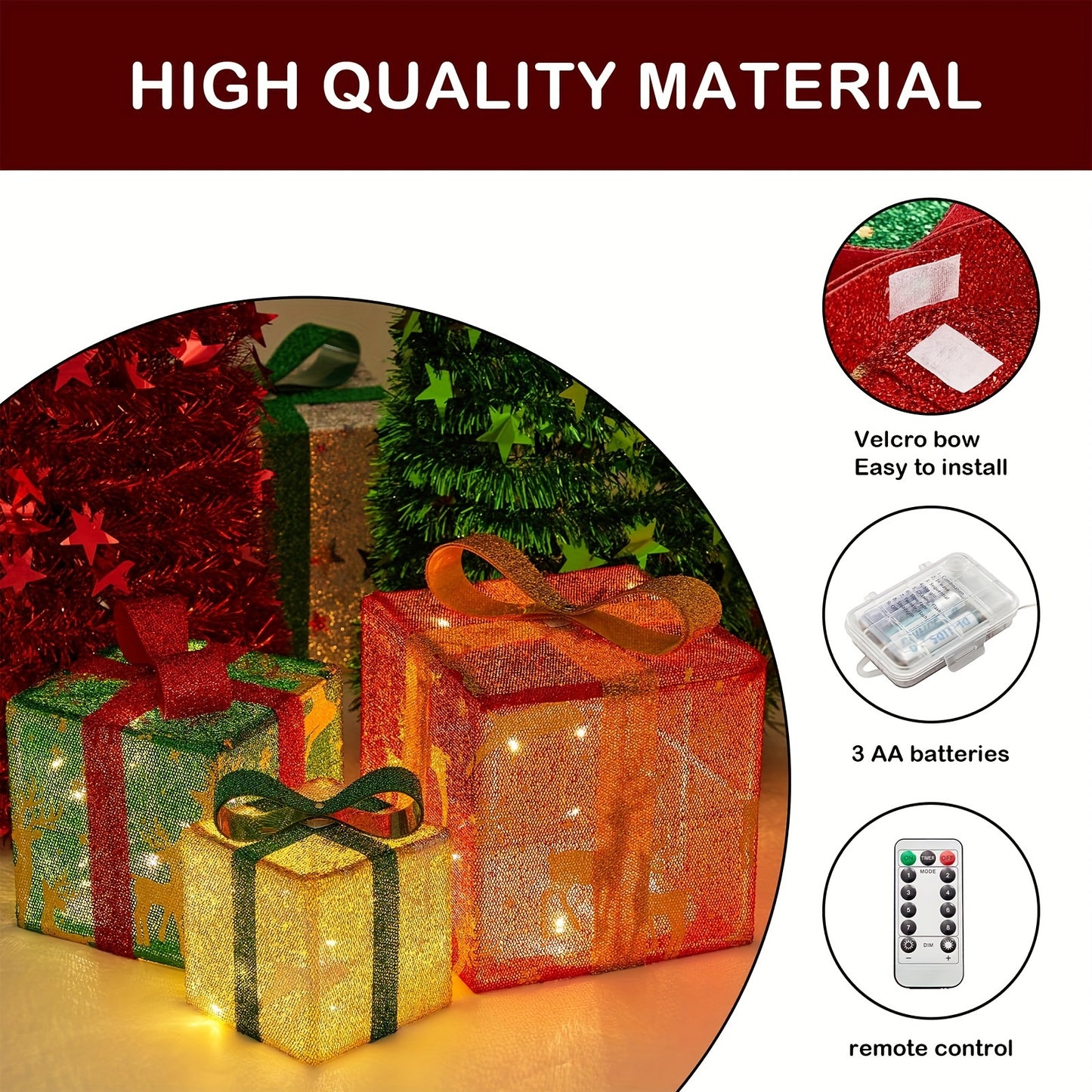 [Fast Arrival] 3 Pcs LED Lighted Gift Boxes - Christmas Decorations and Lights - Indoor Outdoor Holiday Party Decor with Elk Design, Perfect for Christmas Tree and Home Decor