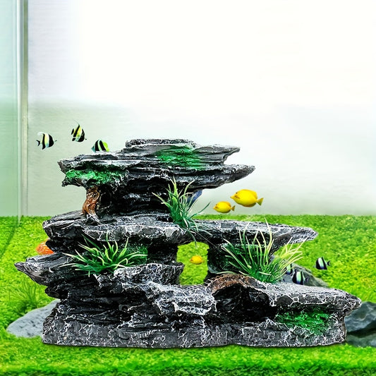 1pc Majestic Aquarium Mountain Rockery - Lush Moss Tree & Cave - Durable Stone Fish Tank Ornament - Create a Tranquil Underwater Landscape Decor