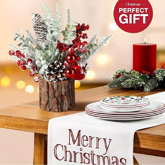 Elegant Tabletop Christmas Tree Decoration - Realistic PE Bark & Wood Barrel Design, Perfect for Holiday Home Display