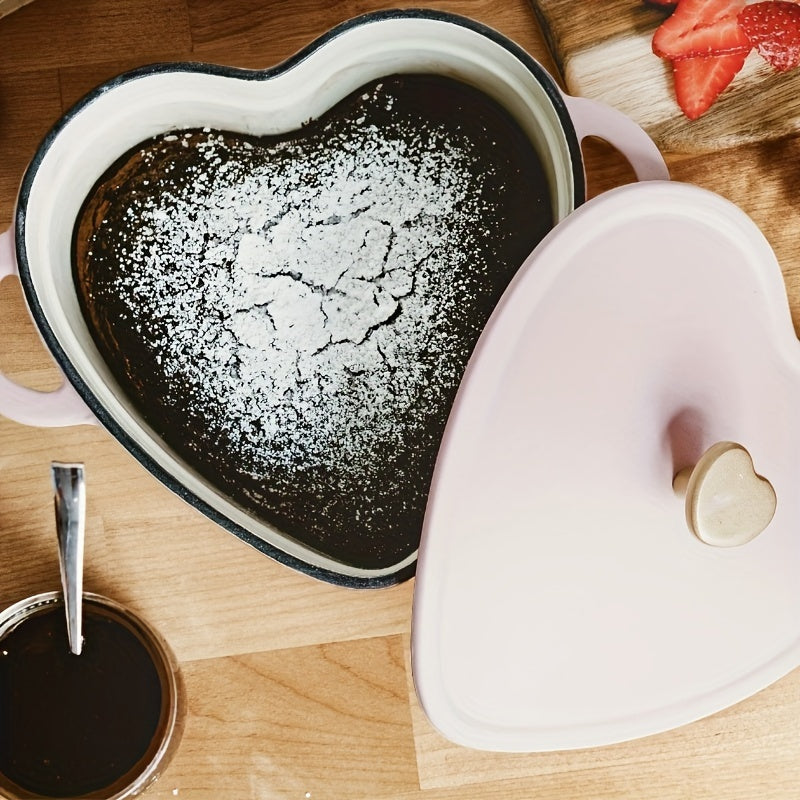 2QT Cast Iron Heart Shaped Dutch Oven, Durable Cast Iron Construction, Enamel Coating Reduces Sticking, Cooks A Variety Of Meals, Perfect For Holidays And Special Occasions, Side Handles And Easy Handling, Pink Champagne, 11.