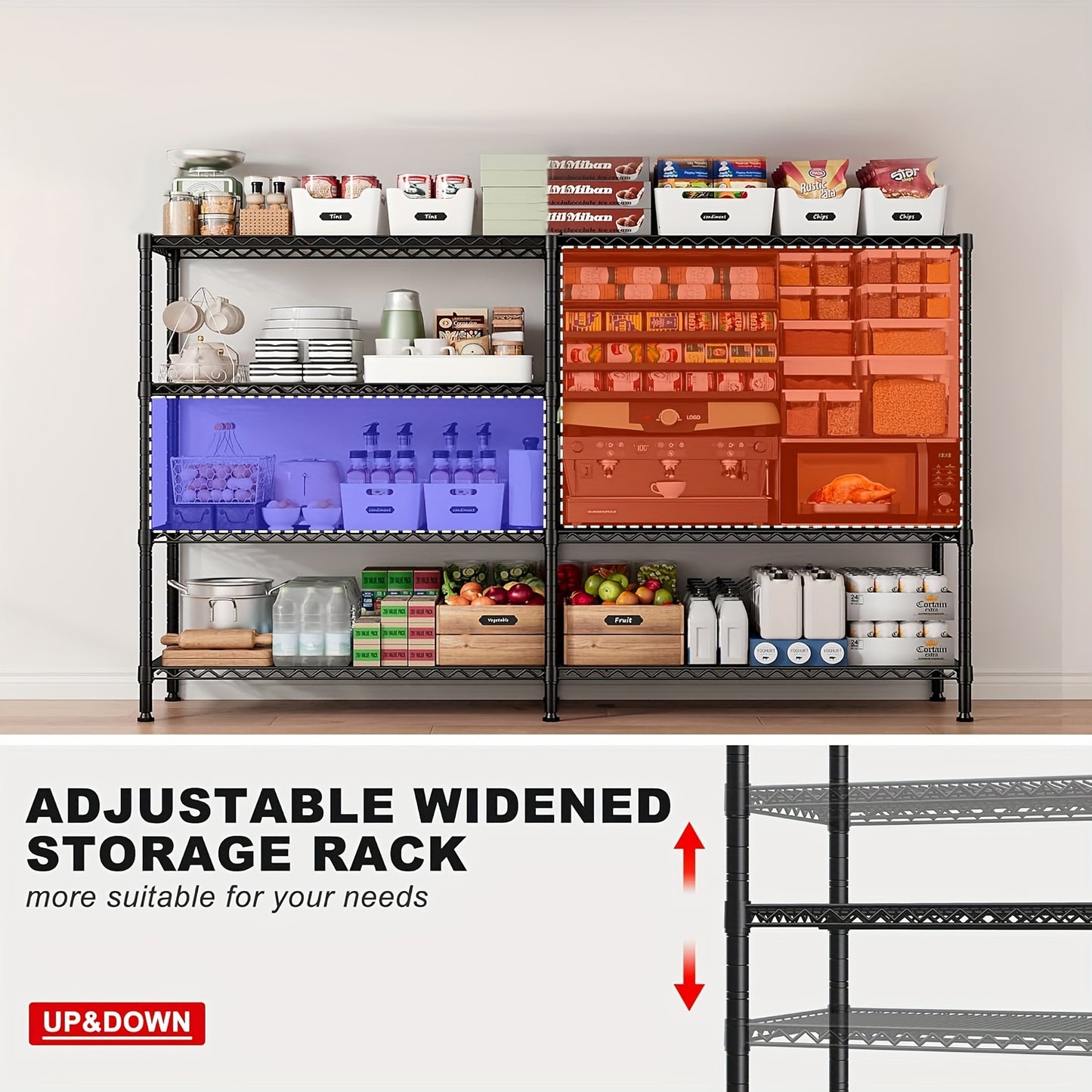 60''/72" W Storage Shelves, 1200LBS/1600LBS Wire Shelving Unit, Adjustable 4/5 Tier Metal Shelving For Storage Rack Shelves For Storage Heavy Duty Garage Shelf Pantry Shelves Kitchen Shelving Bathroom Rack