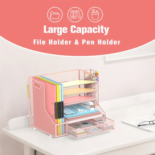 5-Tier Deluxe Desk Organizer System - Spacious File Holder, Mesh Paper Tray, Pen Holder, Drawer, and 3 Tilted File Sorter for Efficient Office Supply Storage and Organization - Sturdy, Adjustable, and Ergonomic Design for Max