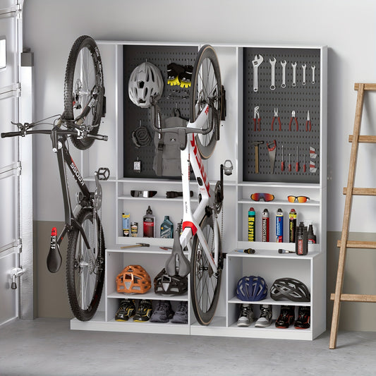 Bike Storage Cabinet, Home Bicycle Parking With Pegboard, Open Storage Shelves&10 S-hooks, Safety Anti-Dumping Bike Rack For Garage For Home And Garage Garage Storage