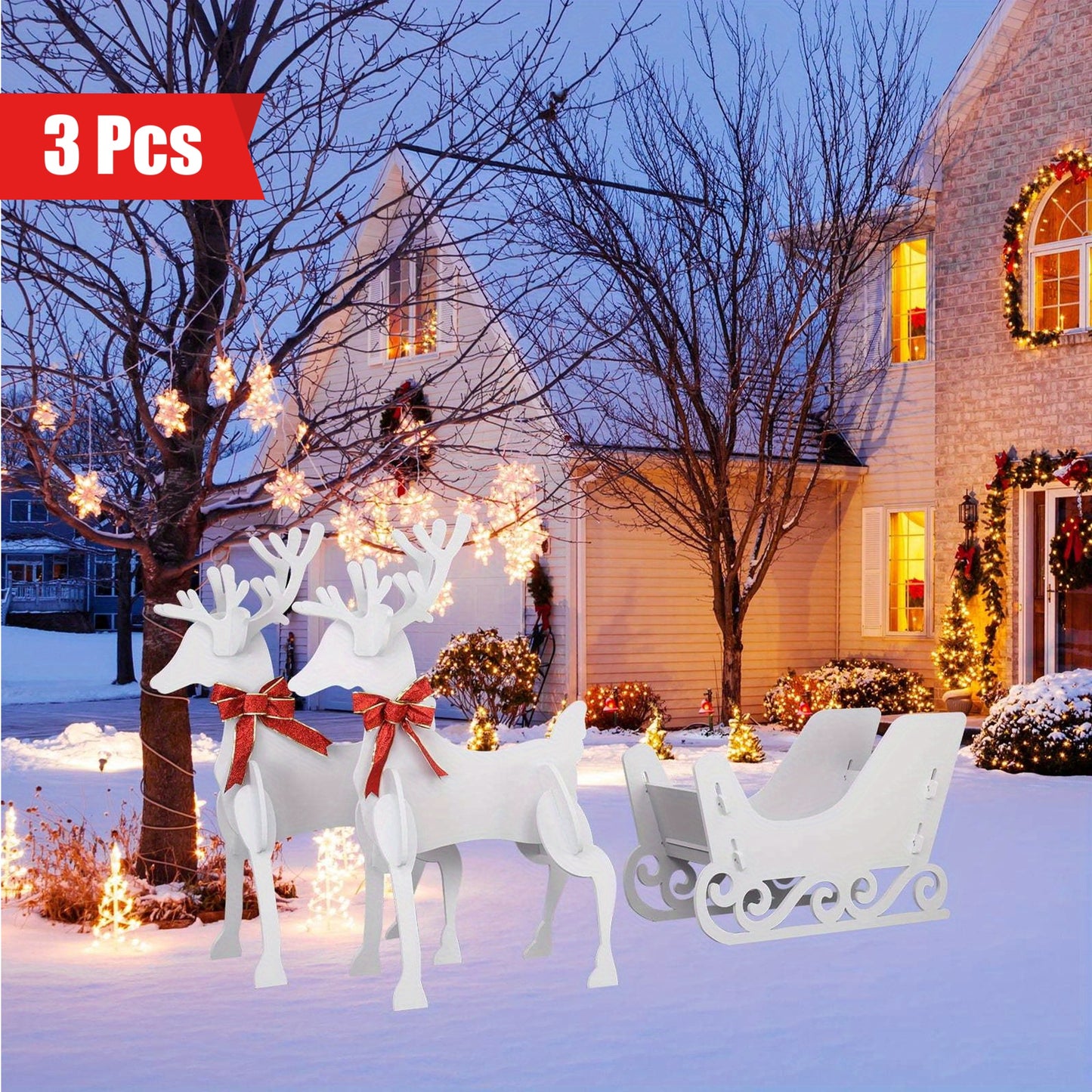 3 PCS Festive Outdoor Reindeer Sleigh Christmas Decorations for Holiday Season