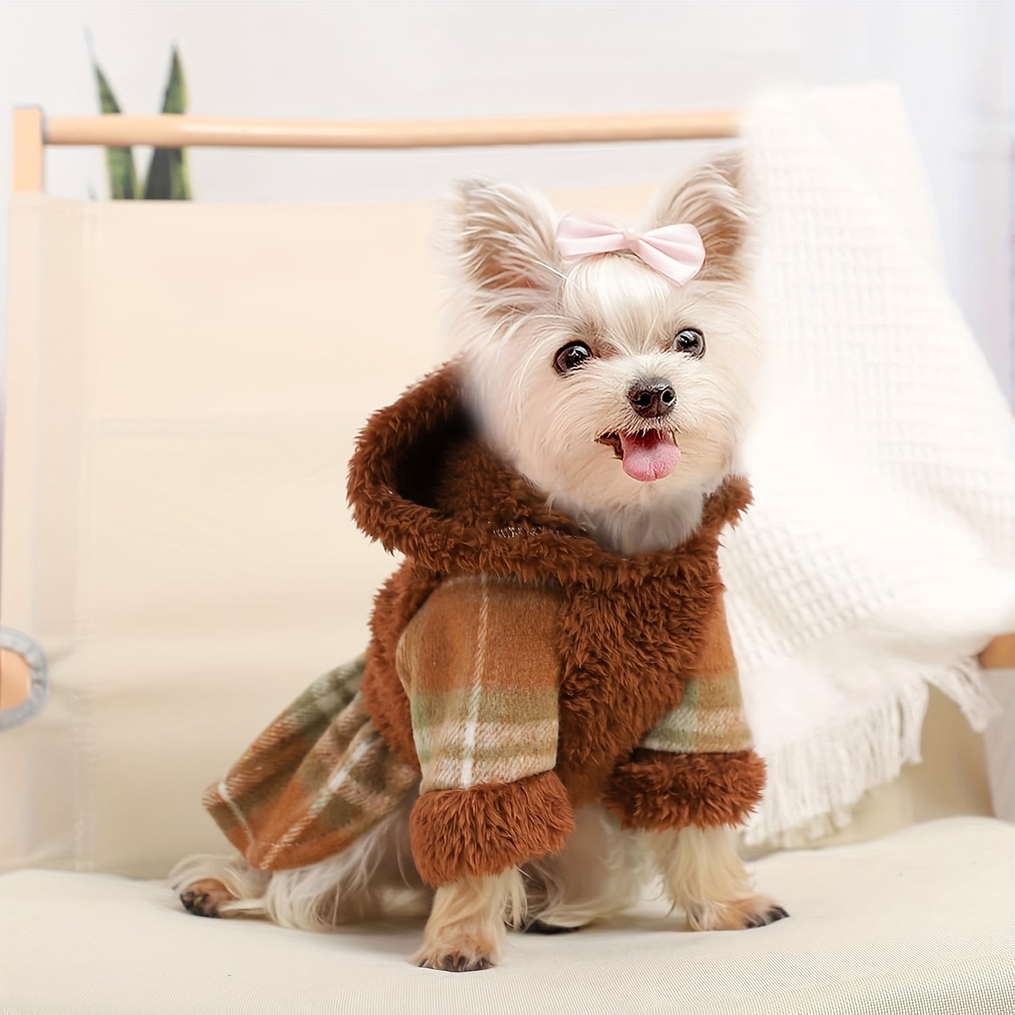 Pet Plaid Dog Dress, Cozy Brown Fleece Cape, Hooded Pet Coat for Small Breeds, Thanksgiving, Christmas, Birthday Party, All-Season Wear, Polyester & Cotton Blend, Machine Washable, XXS/XS/S/M Sizes