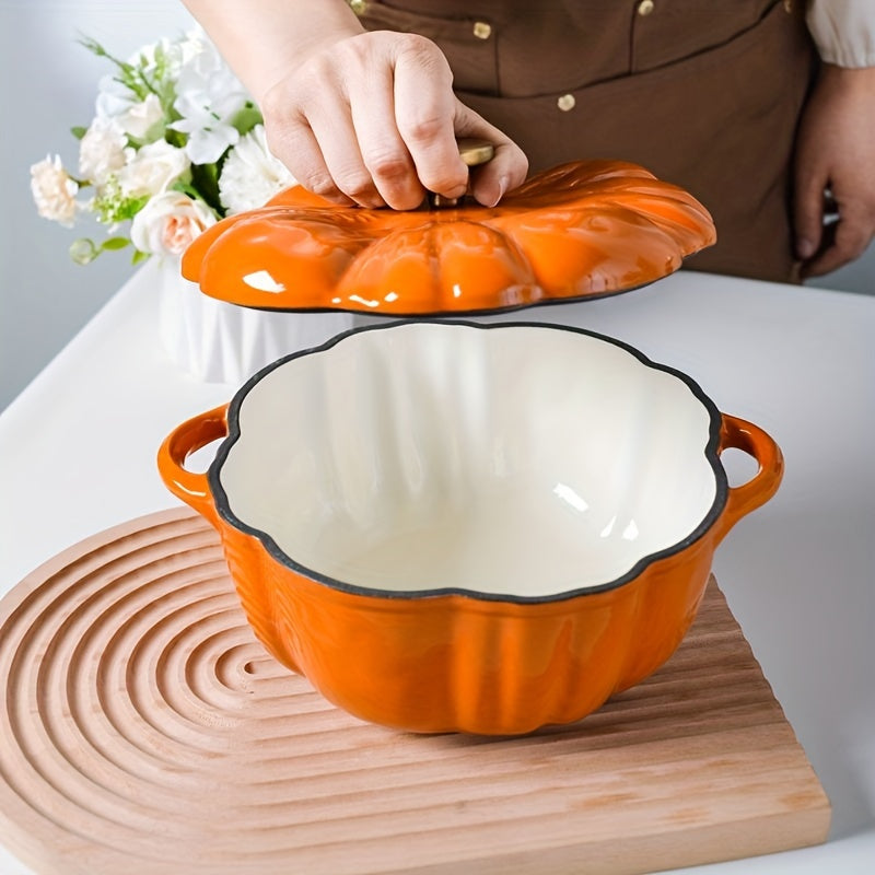 1pc, Double-ear Pumpkin Enamel Stew Pot, Enamel Soup Pot, Special Multi-functional Enamel Soup Pot, Electromagnetic Cooker General, Kitchen Supplies