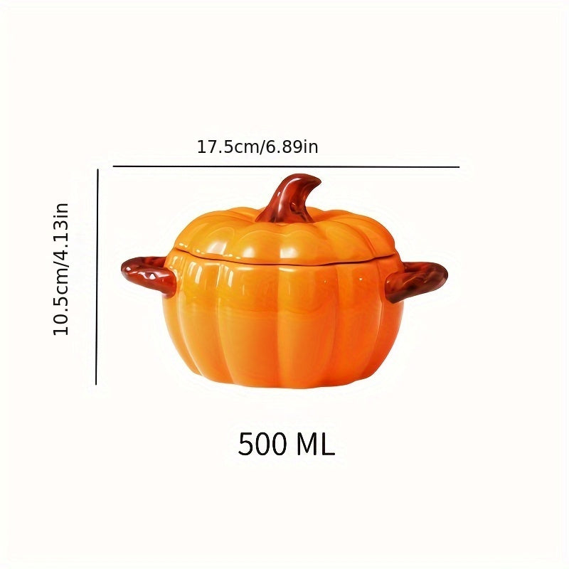 1pc Dutch Oven Pot Set, 54oz Large Ceramic Pumpkin Soup Bowl with Lid and Handles, Novelty Botanical Pattern, Microwave Safe, Heat-Resistant Design, Ideal for Pudding Dessert, Holiday Kitchen Decor, Christmas Party Accessory